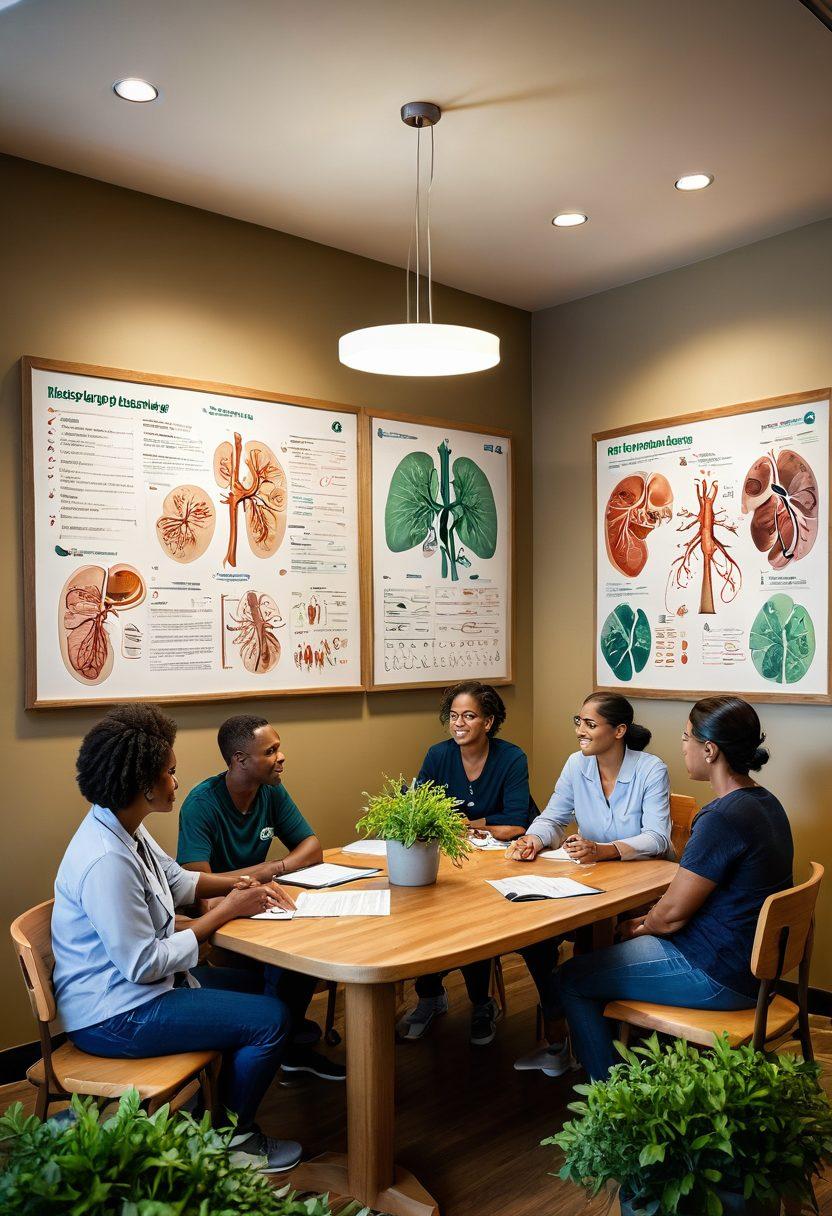 An inviting scene showcasing a diverse group of dialysis patients discussing insurance options around a table, surrounded by medical charts and supportive kidney health advocates. The background features calming elements like green plants and soft lighting, symbolizing hope and healing. Include a visual representation of kidney health, such as a kidney anatomy poster on the wall, and personal touches like colorful mugs and notebooks. super-realistic. warm colors. cozy setting.